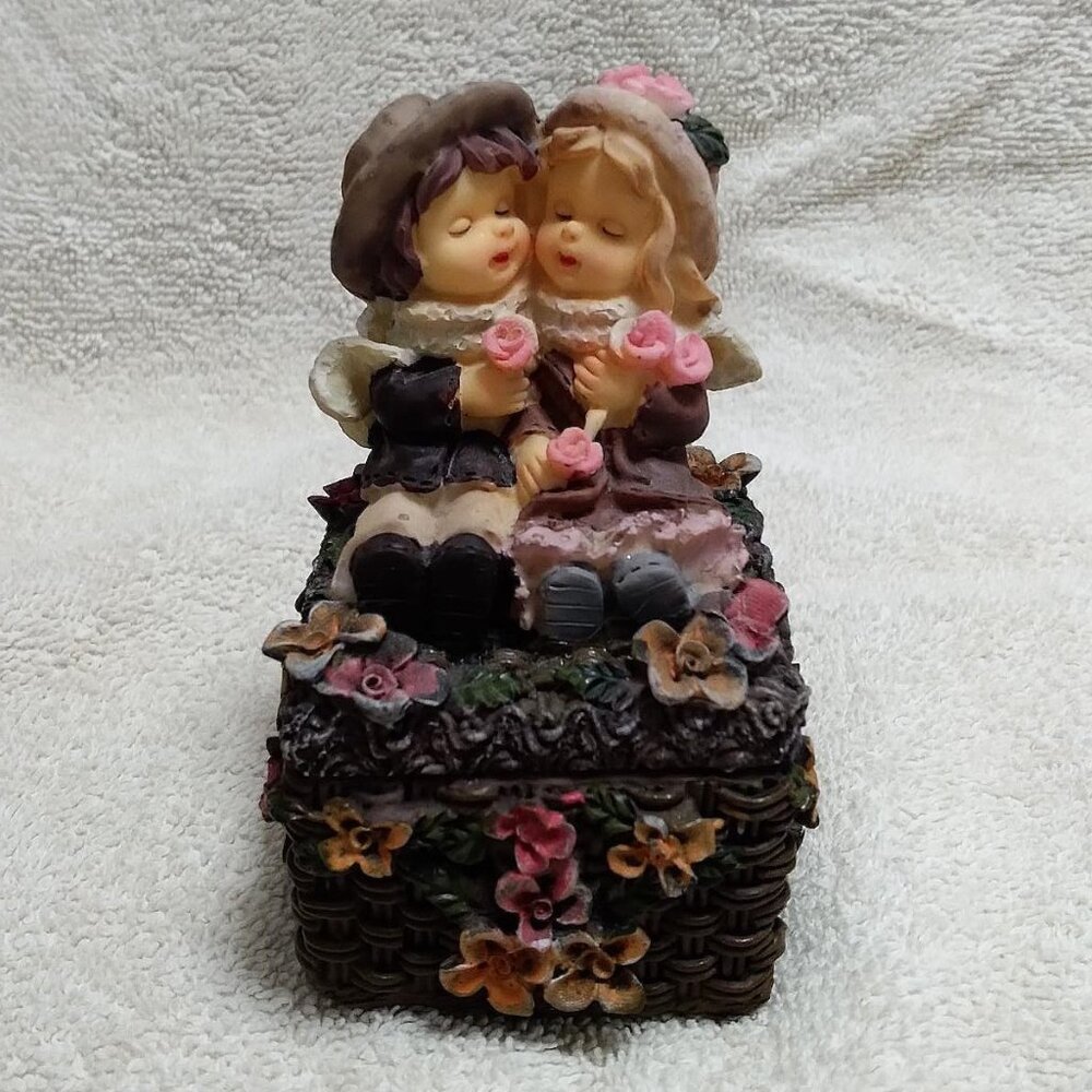 Vintage Little Boy and Girl Square Trinket Box